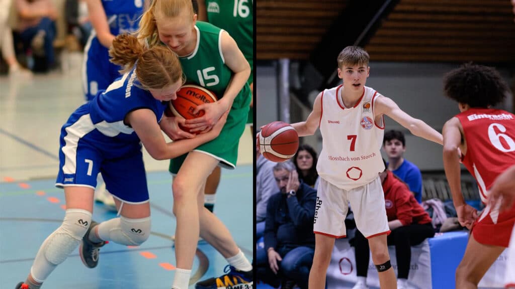Zwei Basketballszenen: Links Mädchen beim Ballkampf, rechts Junge der RheinStars Köln mit Ball.