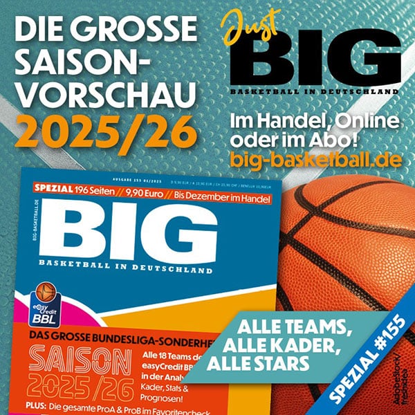 Titelseite des BIG-Magazins zur Basketballsaison 2025/26 mit orangenem Basketball.
