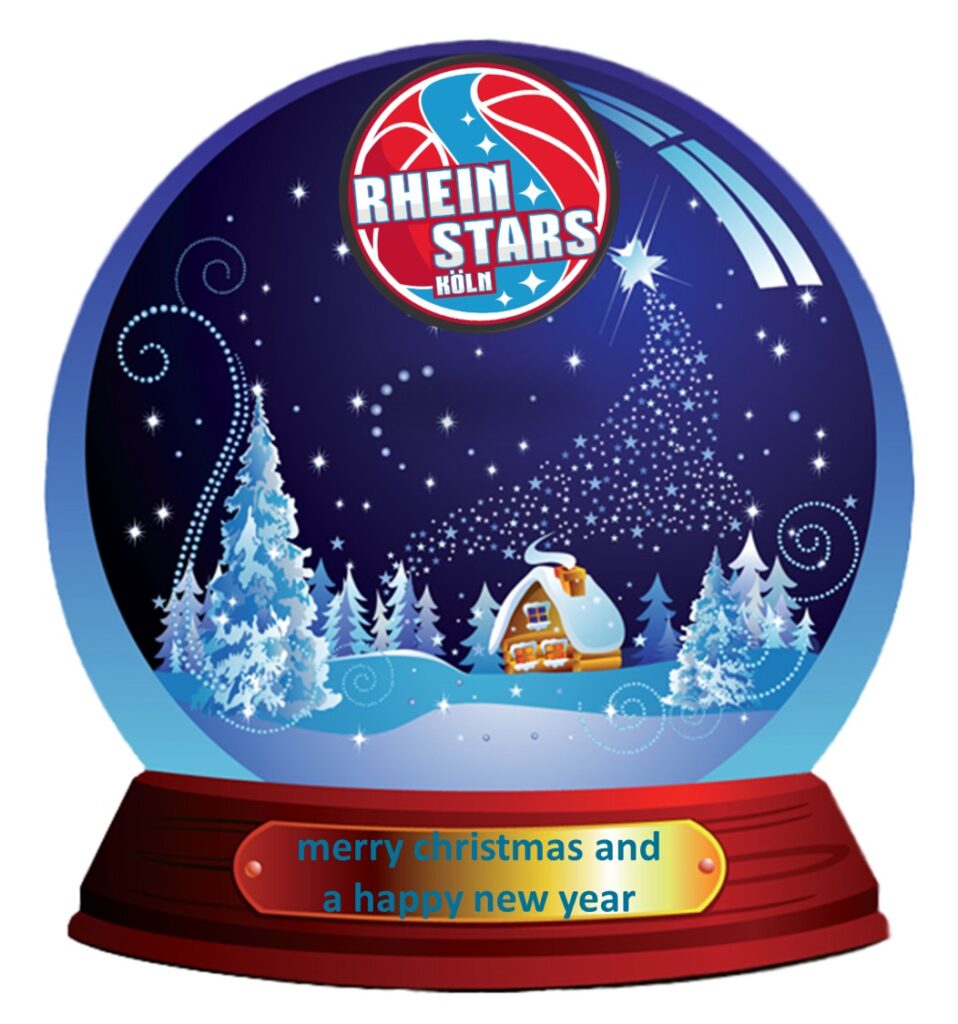 Weihnachtliche Schneekugel mit RheinStars Köln Basketball-Logo und Neujahrsgruß.