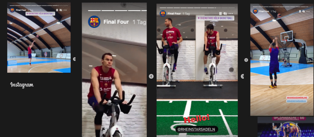 Vier Instagram-Posts der RheinStars Köln zeigen Basketballtraining und Ergometer-Übungen in der Sporthalle.