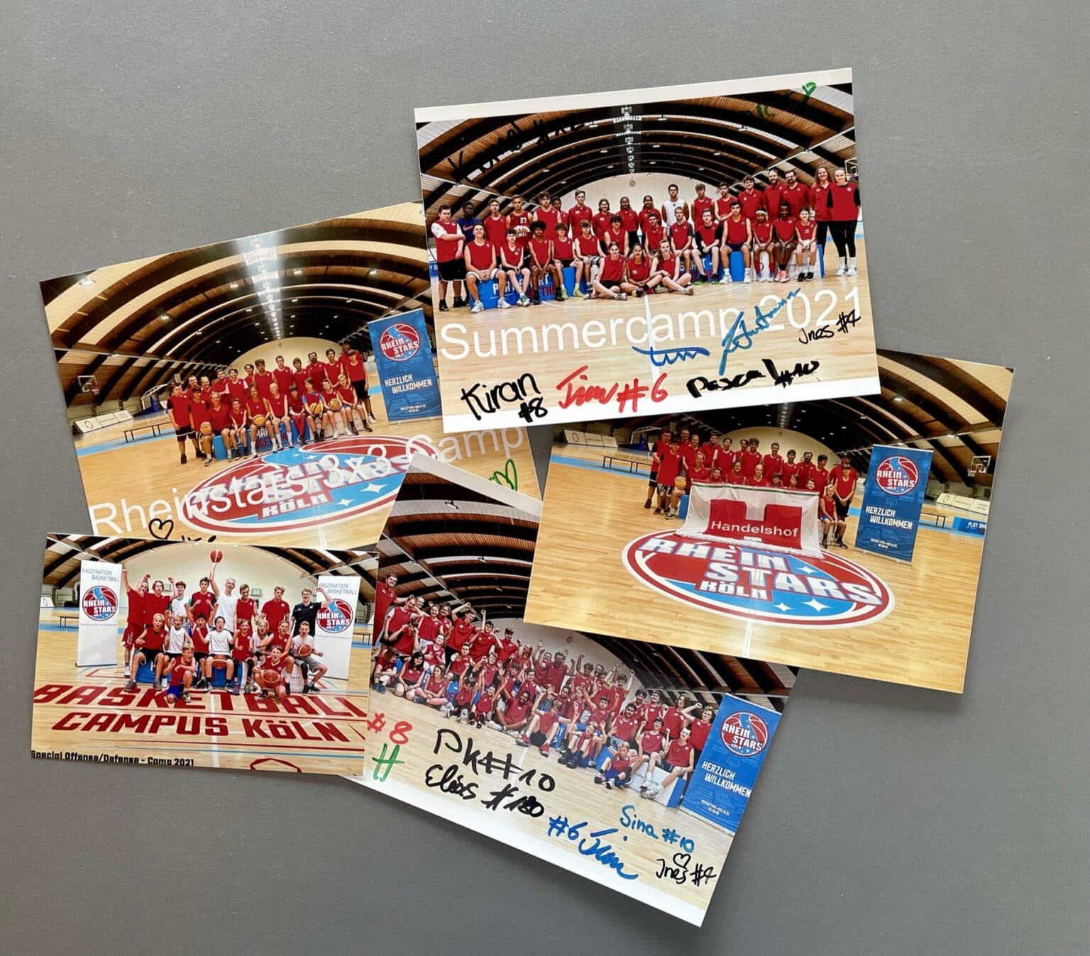 Mehrere signierte Fotos der RheinStars Köln Basketballmannschaft in einer Sporthalle.