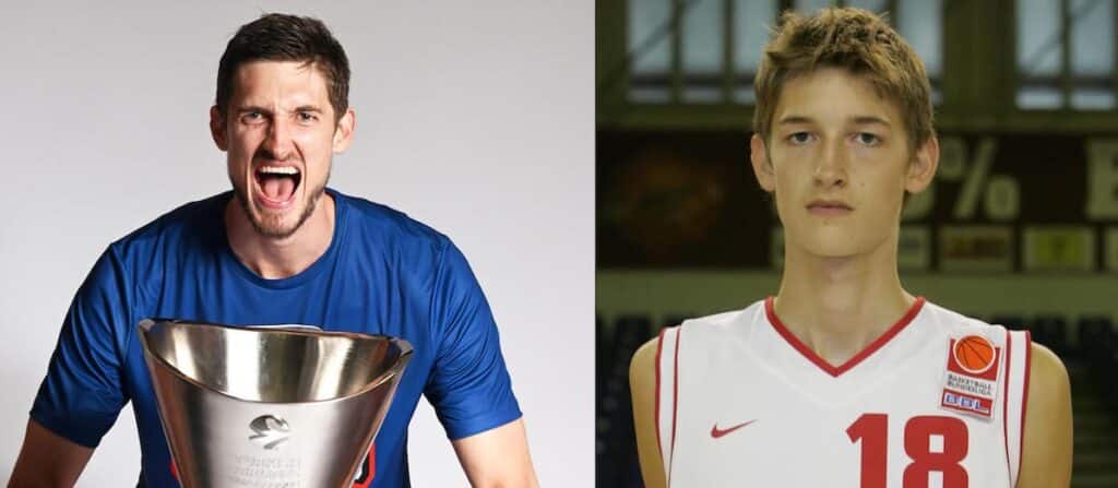 Zwei Basketball-Fotos: Links ein Mann mit Pokal in blauem Shirt, rechts ein junger Spieler in RheinStars-Köln-Trikot Nummer 18.
