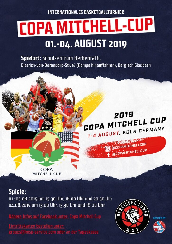 Plakat des Copa Mitchell Cup Basketballturniers der RheinStars Köln vom 1.-4. August 2019 in Bergisch Gladbach.