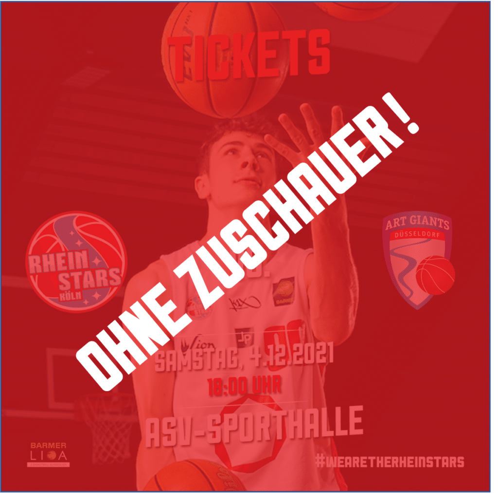 Rotes Plakat für RheinStars Köln mit Basketballspieler und Text "OHNE ZUSCHAUER!" zum Heimspiel am 4.12.2021.