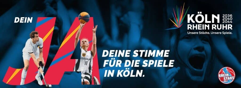 Werbeplakat für die RheinStars Köln mit Basketballspielern und Abstimmungsaufruf zu Olympia 2036.