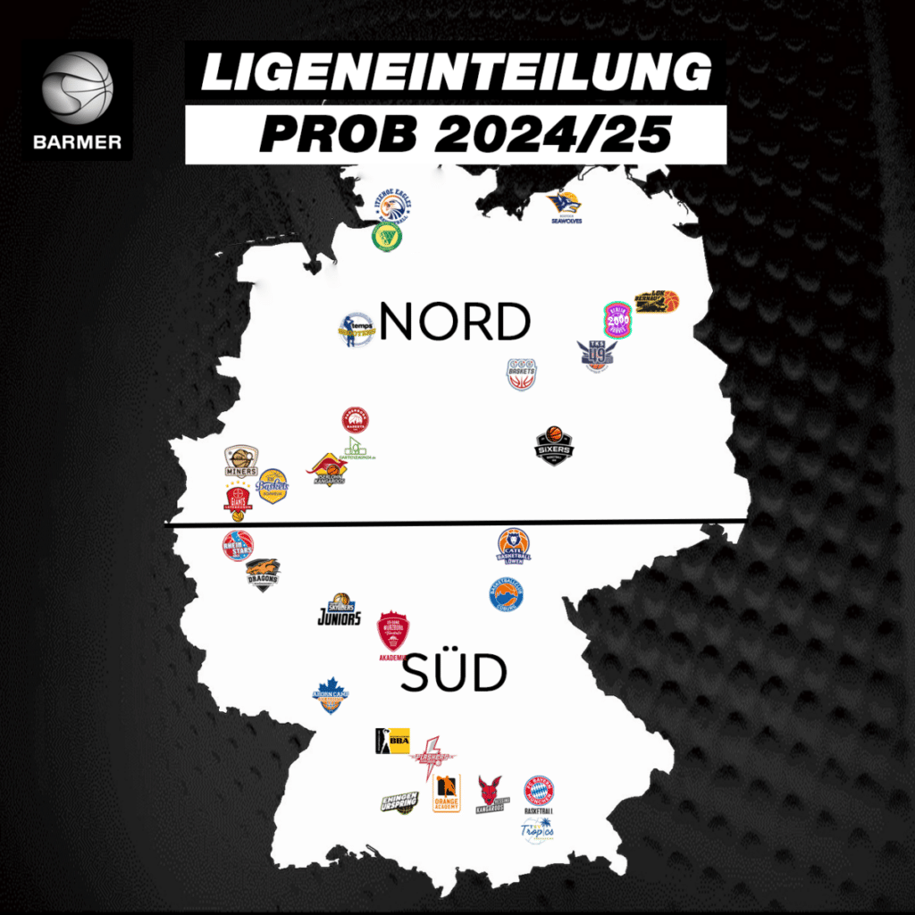 Deutschlandkarte mit Ligaeinteilung Probe 2024/25 der Barmer Basketball-Liga, Nord- und Süd-Region mit Teamlogos.