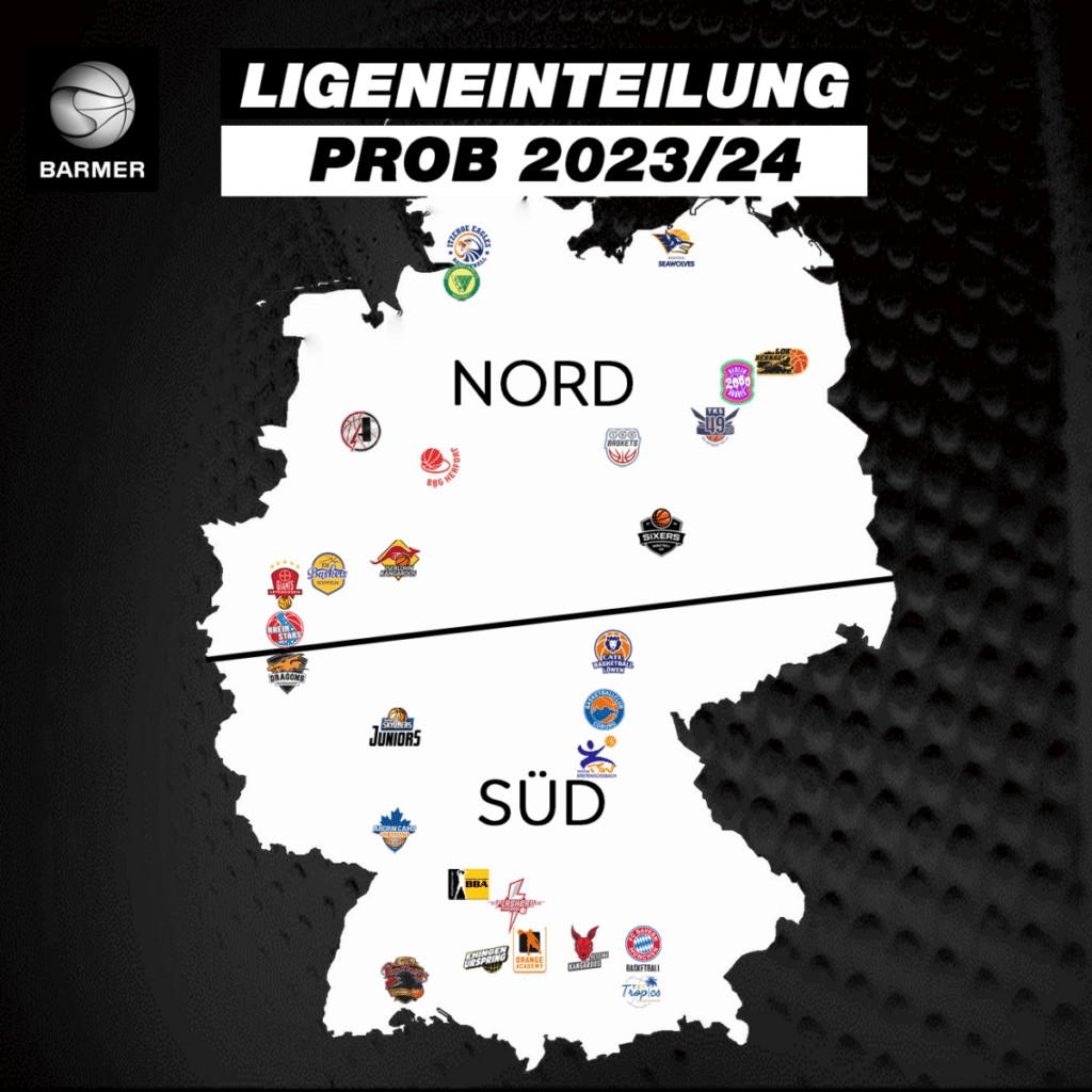 Karte der deutschen Basketballliga-Einteilung Probe 2023/24 mit Nord- und Südgruppe und Teamlogos, inklusive RheinStars Köln in der Nordgruppe.