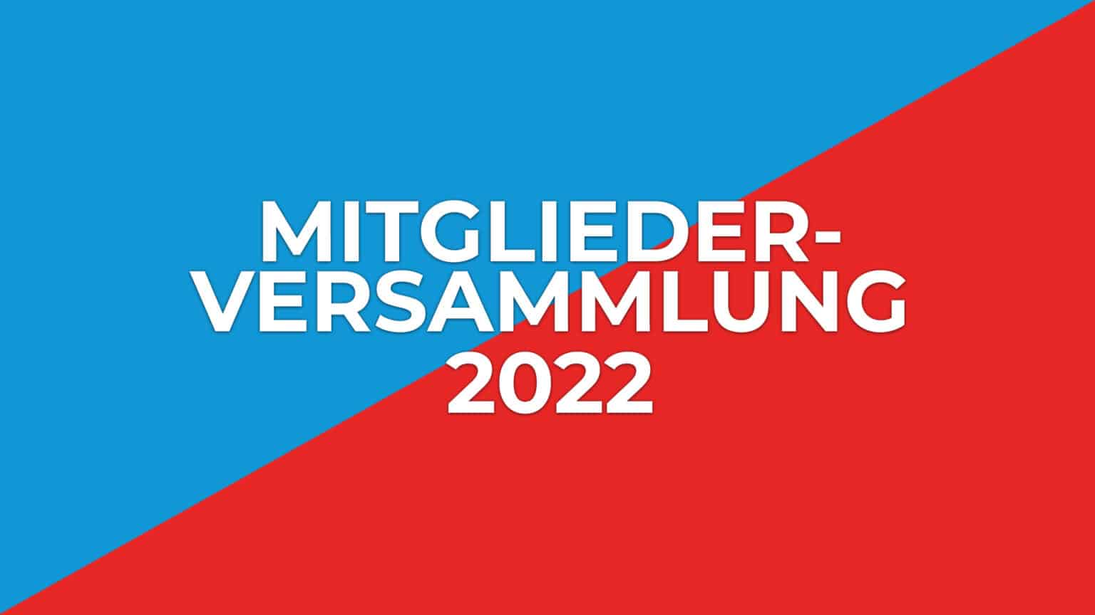 Grafik zur Mitgliederversammlung 2022 der RheinStars Köln mit blauem und rotem Design.