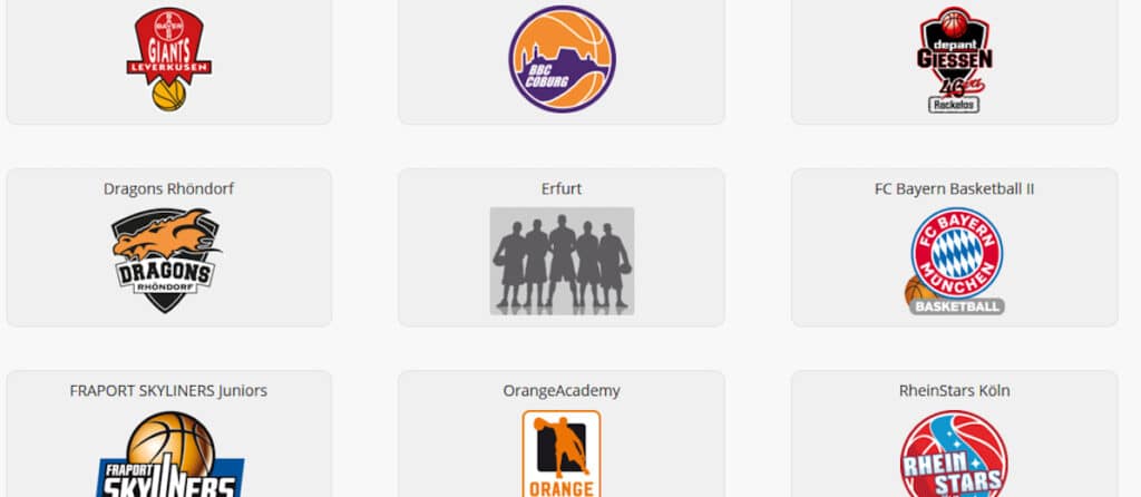 Neun Basketball-Teamlogos im Rasterformat, darunter RheinStars Köln unten rechts.