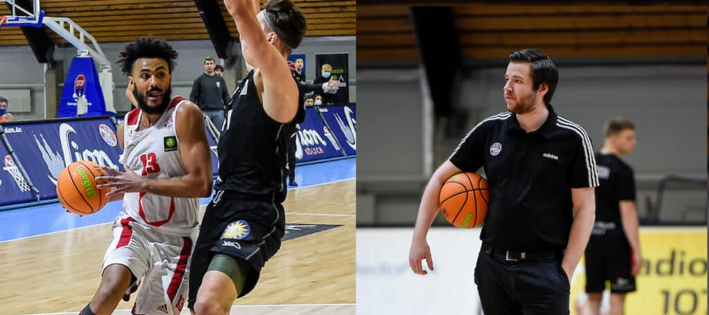 Zwei Basketball-Szenen der RheinStars Köln: links Spieler im Angriff, rechts Trainer mit Ball.