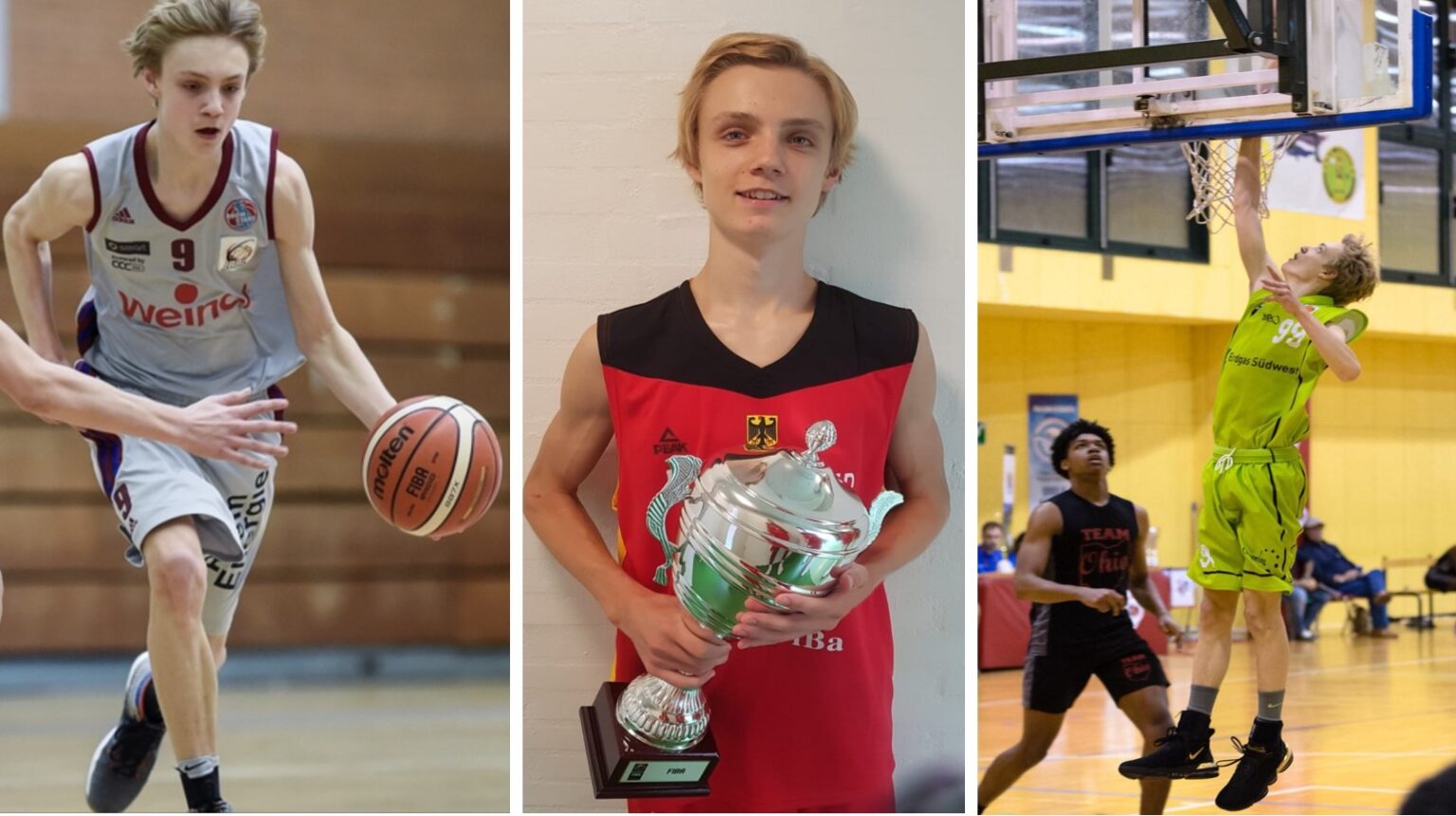 Drei Aufnahmen eines jungen Basketballspielers der RheinStars Köln: beim Dribbeln, mit Pokal und beim Wurf.