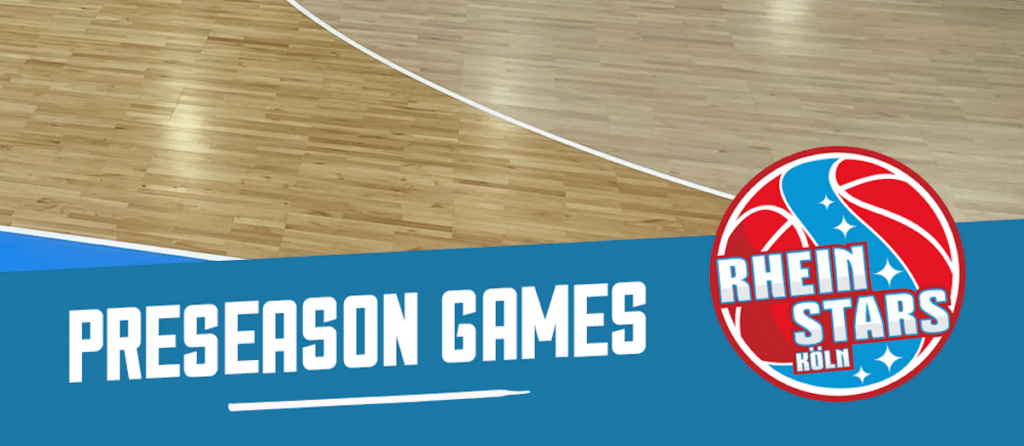 Preseason Games-Banner der RheinStars Köln auf Hallenboden mit Teamlogo.
