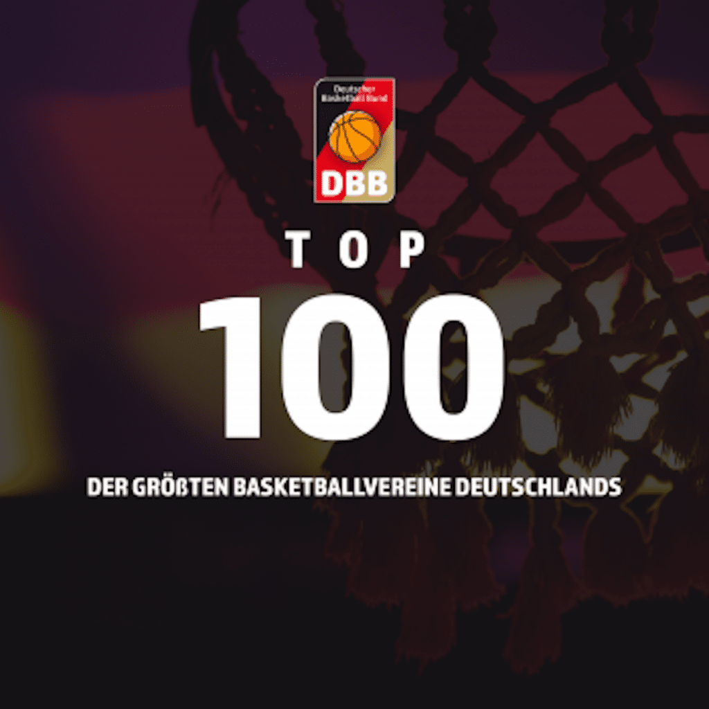 DBB Top 100 Logo mit Basketball und Text "Der größten Basketballvereine Deutschlands" auf rotem Hintergrund.