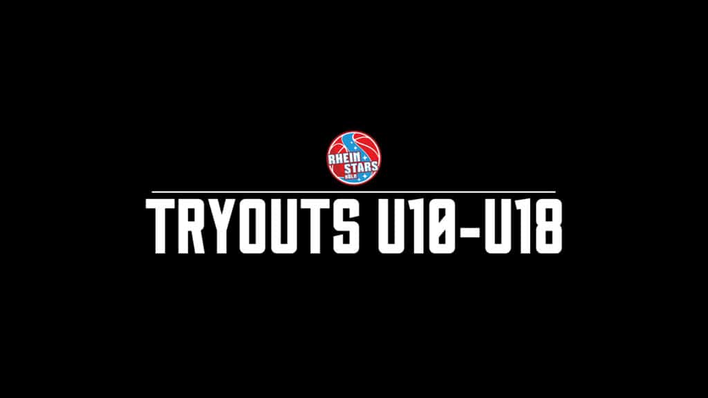 Logo der RheinStars Köln über Text „TRYOUTS U10-U18" auf schwarzem Hintergrund.