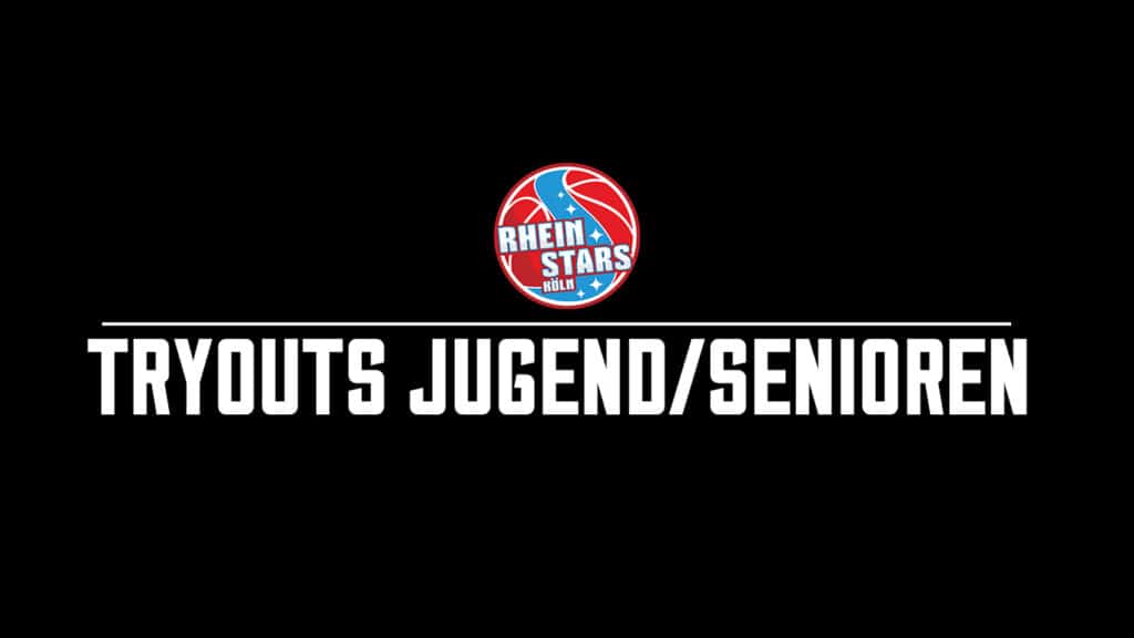 RheinStars Köln Logo mit Text "Tryouts Jugend/Senioren" auf schwarzem Hintergrund.