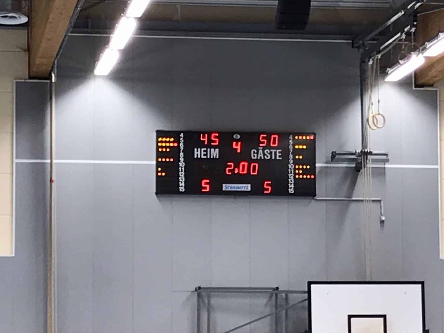 Anzeigetafel in einer Sporthalle der RheinStars Köln zeigt Spielstand 45:50 zwischen Heim und Gäste.