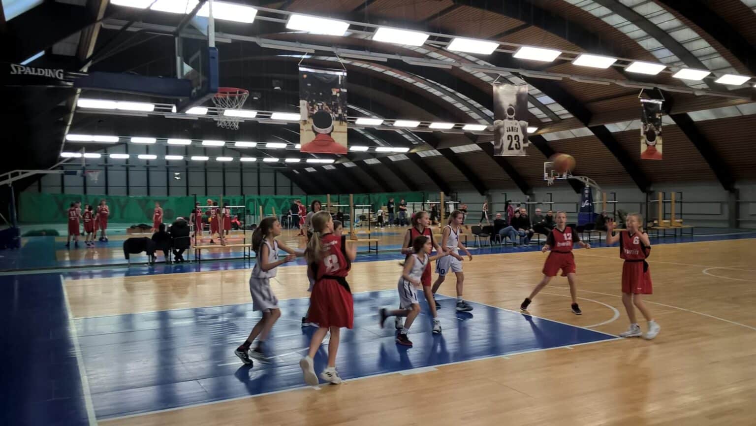 Basketballspiel der RheinStars Köln in einer Sporthalle mit roten und weißen Teams auf dem Spielfeld.