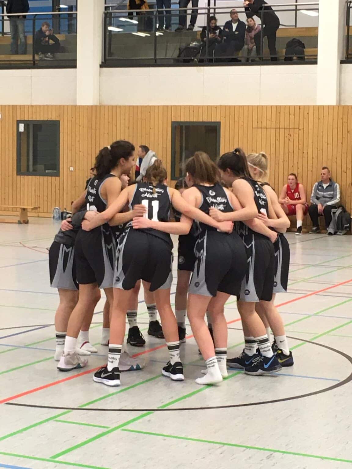 Basketballteam der RheinStars Köln im Teamkreis auf dem Spielfeld.
