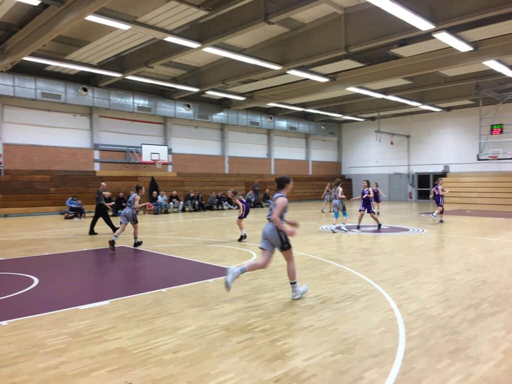 Basketballspiel der RheinStars Köln in einer Sporthalle mit Spielerinnen in grauer und lila Kleidung.