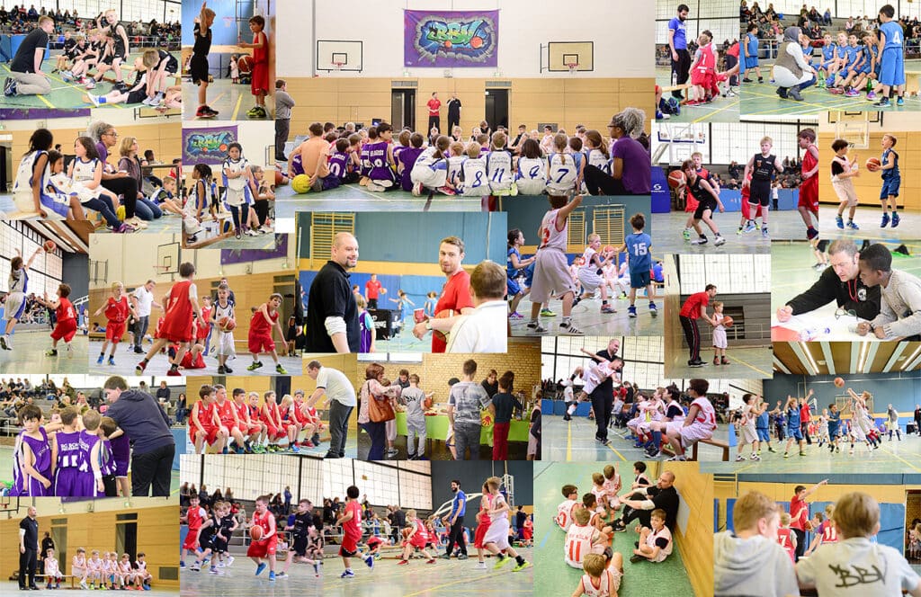 Collage von Trainings- und Wettkampfszenen der RheinStars Köln Basketball in verschiedenen Hallen.