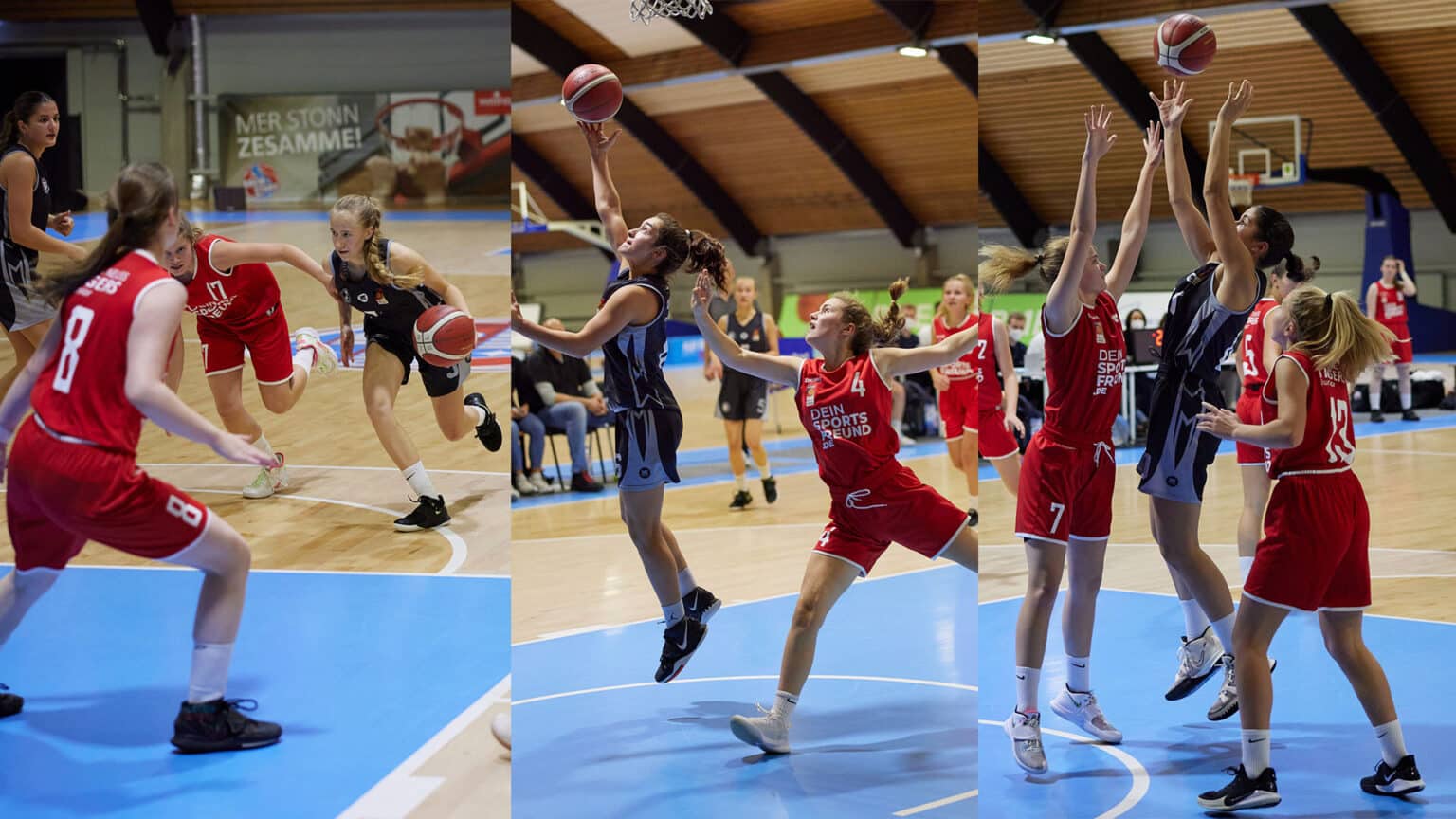 RheinStars Köln spielen Basketball: Spielerinnen in roten und dunklen Trikots trainieren in der Halle.