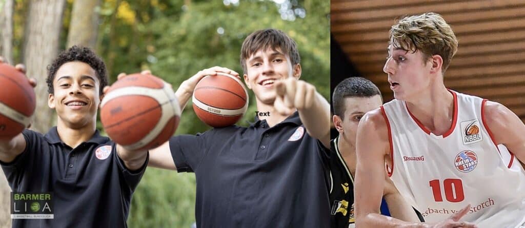 Jugendspieler der RheinStars Köln beim Basketball-Training und Match-Action eines Profispielers.
