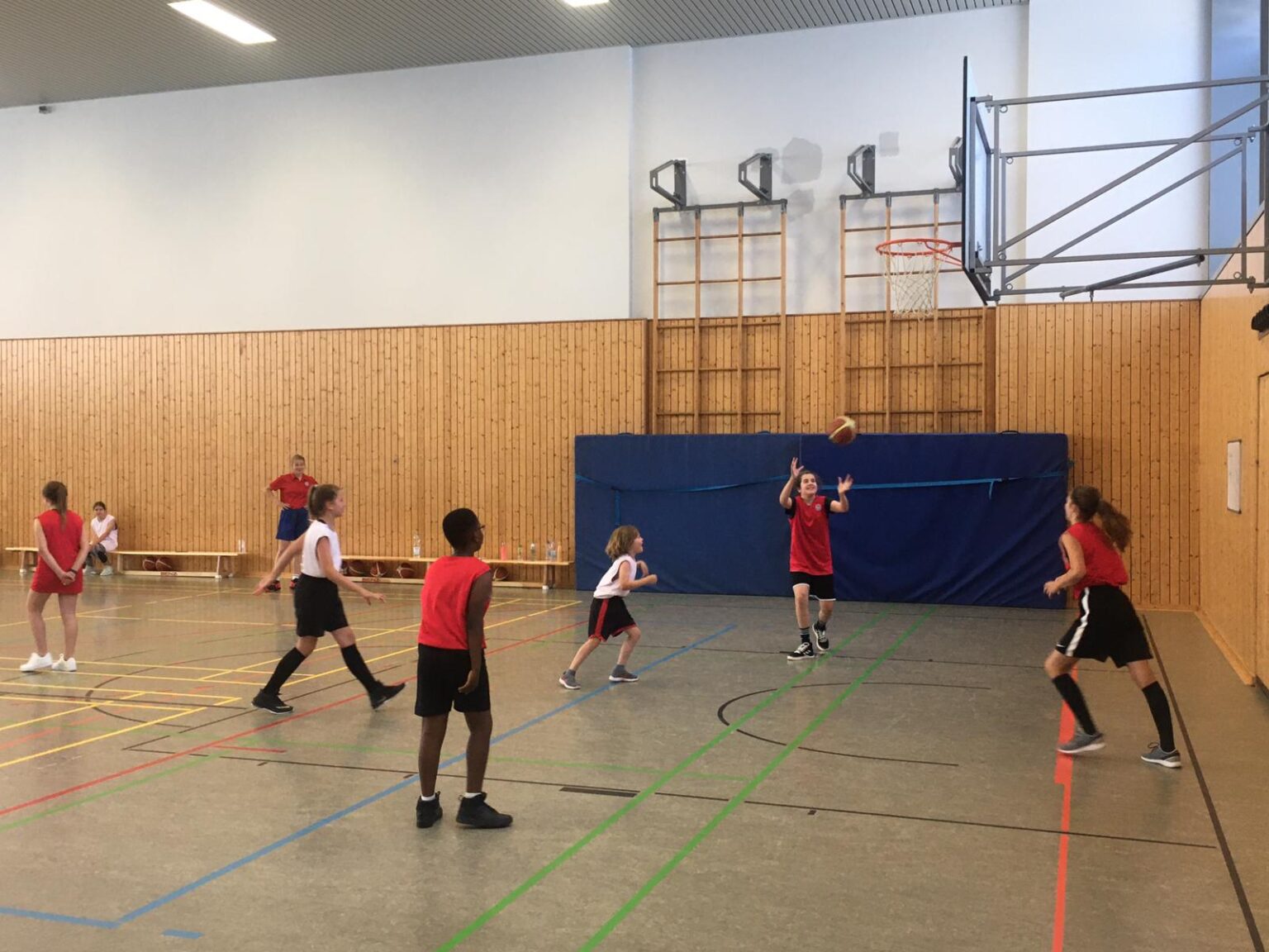 Jugendliche der RheinStars Köln spielen Volleyball in einer Sporthalle.