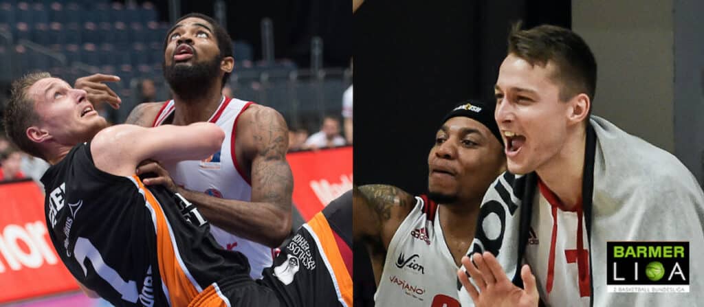 Zwei Basketball-Szenen: Links Spieler in Zweikampf, rechts RheinStars-Spieler auf der Bank.