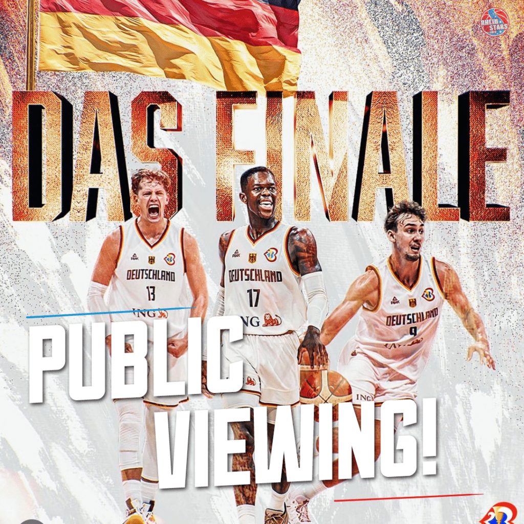 Deutsche Basketballnationalmannschaft mit Flagge und Text "Das Finale Public Viewing".