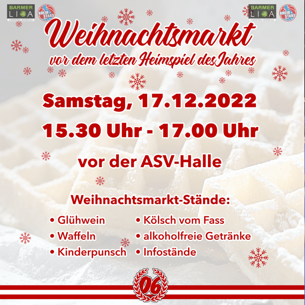 Plakat für Weihnachtsmarkt der RheinStars Köln am 17.12.2022 vor der ASV-Halle.