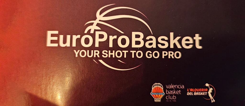 EuroProBasket Logo mit Tagline "Your Shot to Go Pro" auf rotem Hintergrund mit Vereinslogos.