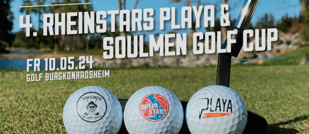 Drei Golfbälle mit Logos von Soulmen, RheinStars und Playa auf Golfrasen, Ankündigung des RheinStars Playa & Soulmen Golf Cups am 10.05.24 auf dem Golfplatz Burgkonradsheim.