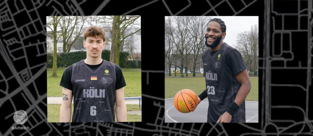Zwei Basketballspieler der RheinStars Köln in schwarzen Trikots mit den Nummern 6 und 23.