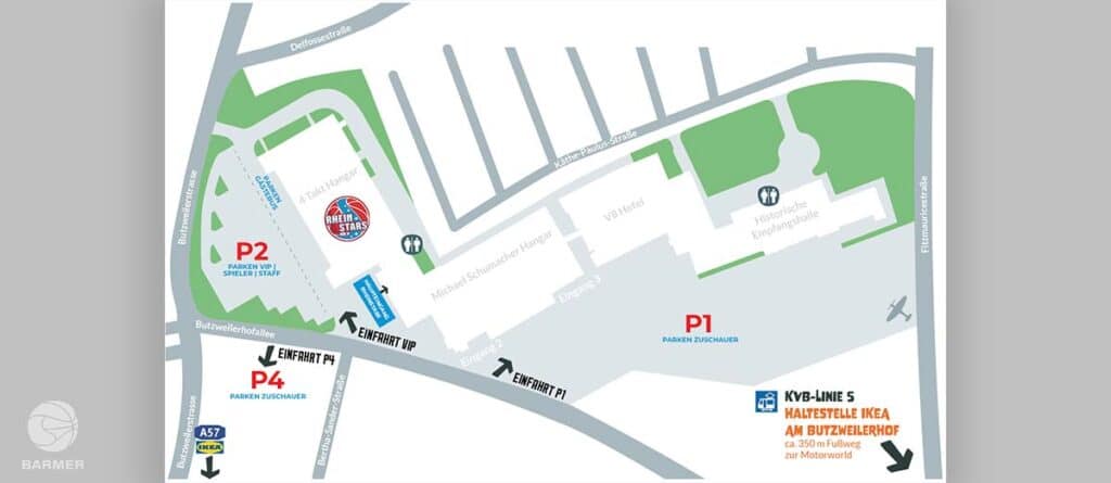 Lageplan des Buttzweiler Hofs mit Parkplätzen P1, P2 und P4 sowie RheinStars-Basketballhalle.