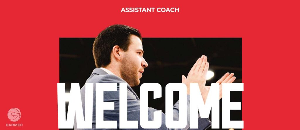 Willkommensplakat für einen neuen Assistant Coach der RheinStars Köln mit Profilporträt eines Mannes.