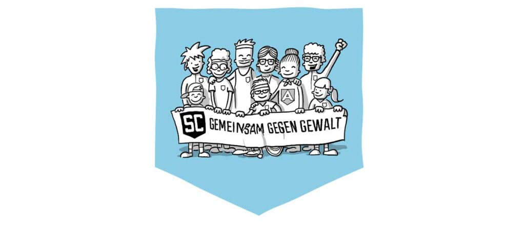 SC Gemeinsam gegen Gewalt: Illustration einer diversen Gruppe von neun Personen mit erhobener Faust auf blauem Banner.
