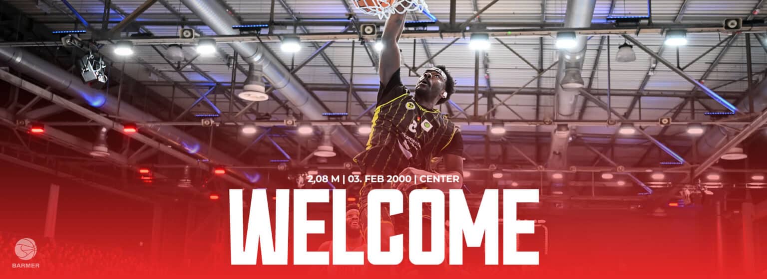 Willkommensplakat der RheinStars Köln mit Basketballspieler beim Dunking, 2.08 m, 3. Februar 2000.
