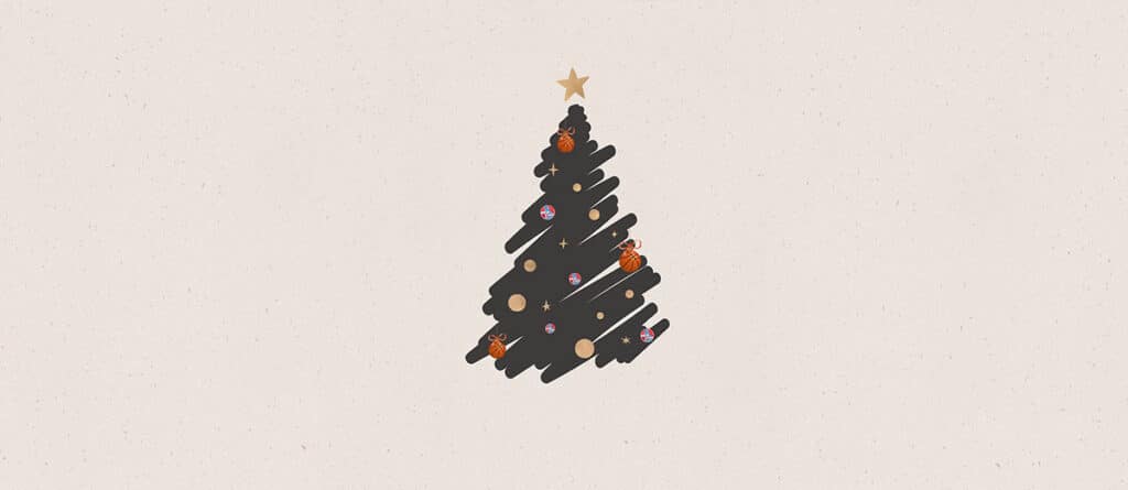 Stilisierter Weihnachtsbaum in Dunkelgrau mit goldener Spitze und bunten Ornamenten auf beigem Hintergrund.
