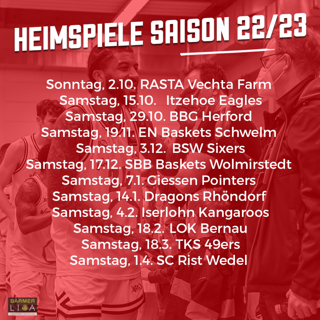 Heimspielplan der RheinStars Köln für Saison 2022/23 mit zwölf Gegnern von Oktober bis April.