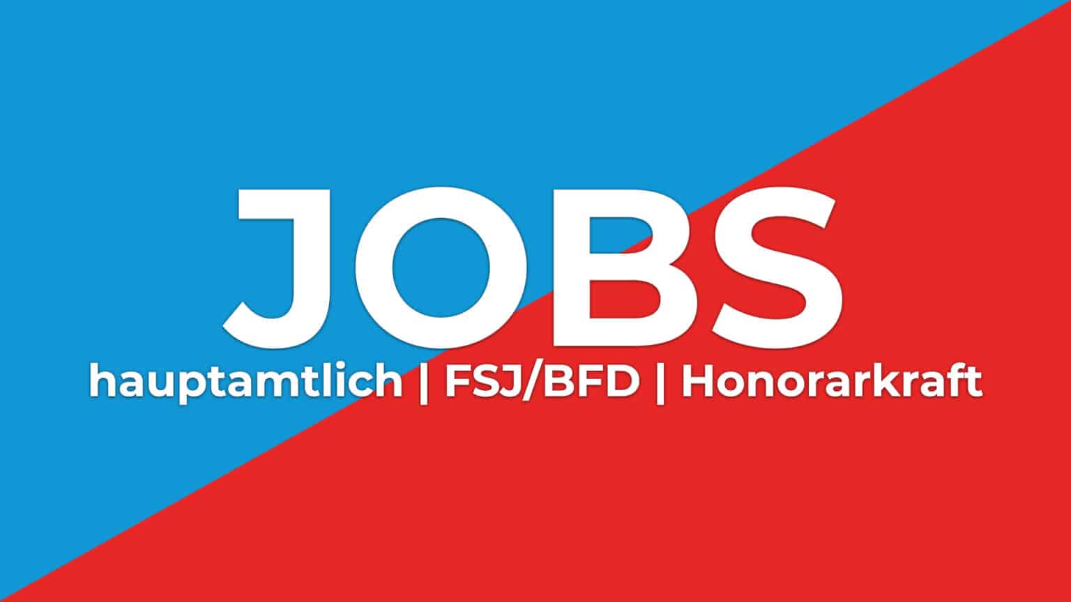 JOBS-Logo mit blau-rotem Hintergrund: hauptamtlich, FSJ/BFD, Honorarkraft.