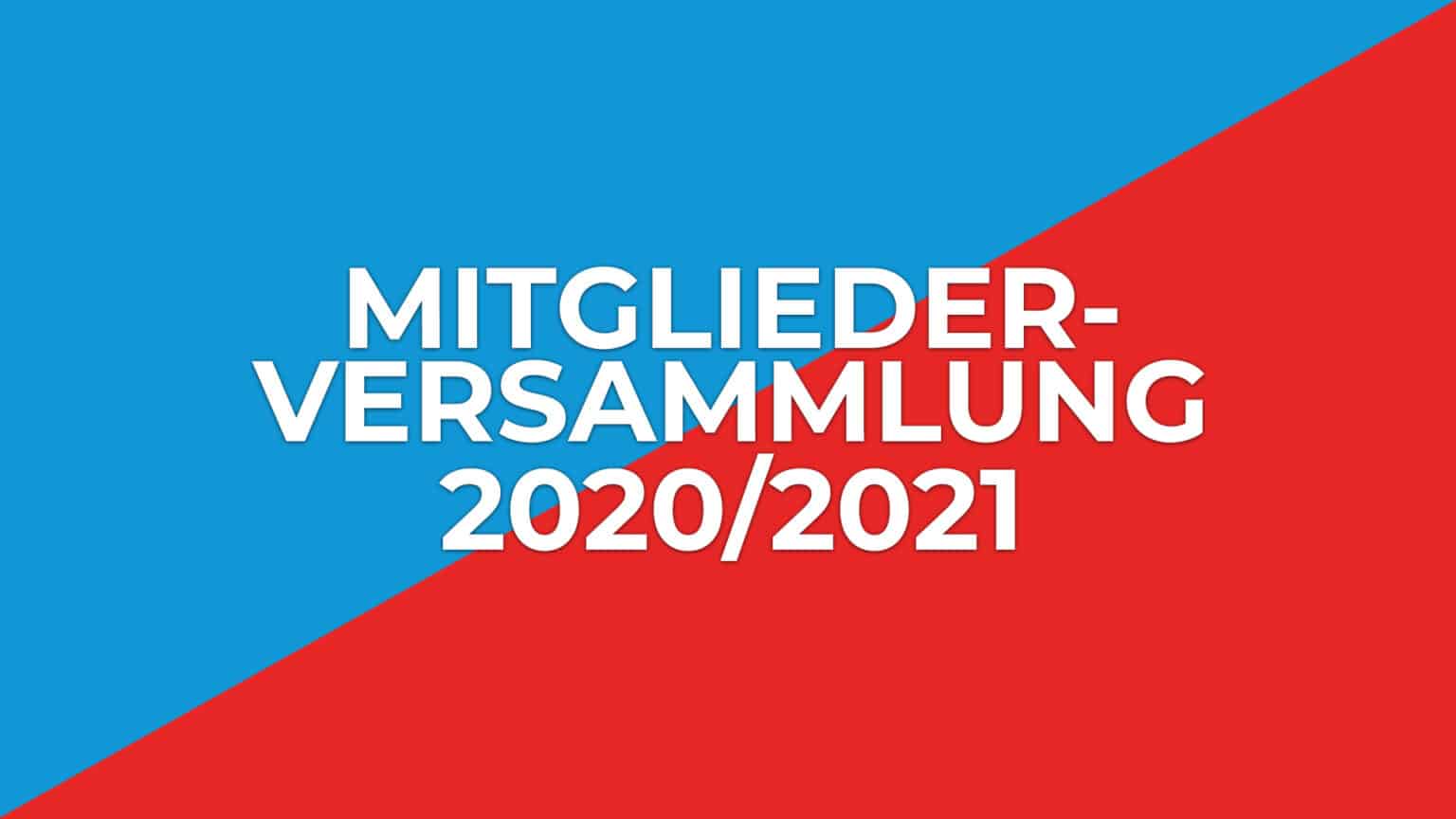 Grafik zur Mitgliederversammlung 2020/2021 der RheinStars Köln mit blauem und rotem Hintergrund.