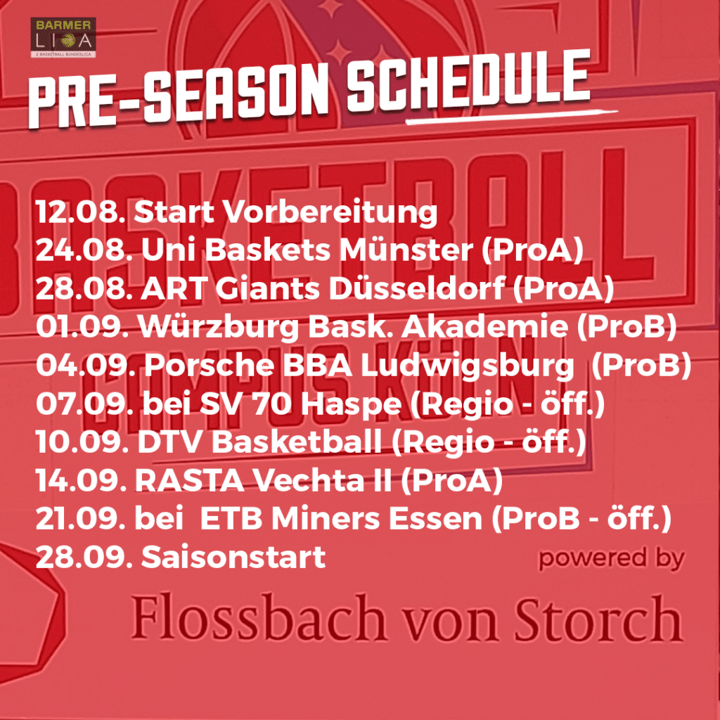 RheinStars Köln Pre-Season Schedule mit Terminen von August bis September.