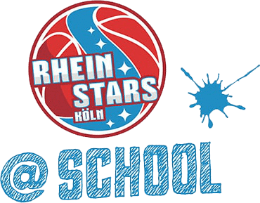 Logo der RheinStars Köln Basketball-Mannschaft mit blauem Spritzer und Text „@SCHOOL".