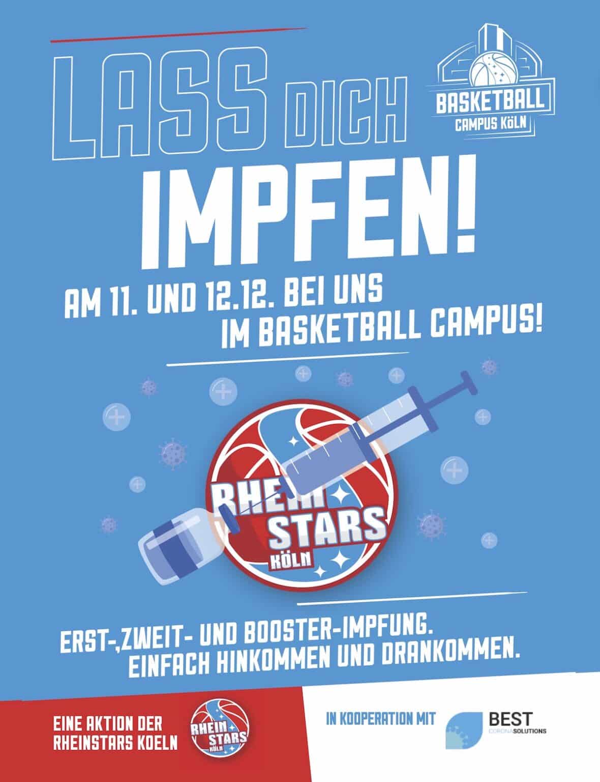 Plakat der RheinStars Köln für Impfaktion am 11. und 12. Dezember im Basketball Campus.