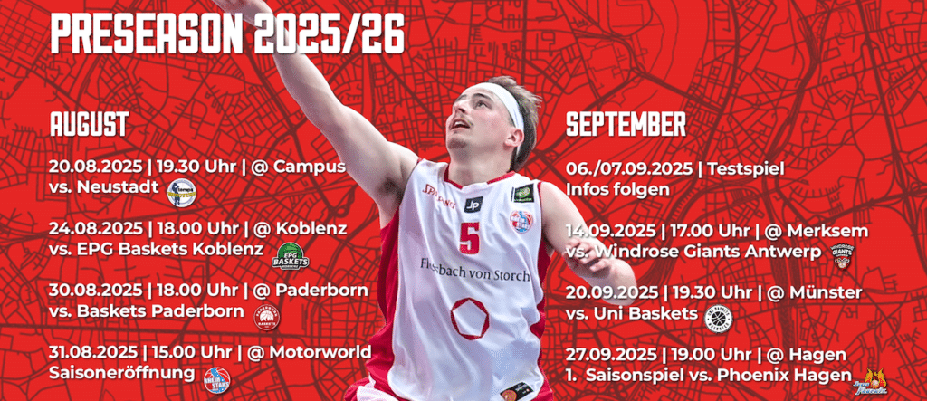 Preseason-Spielplan der RheinStars Köln für die Saison 2025/26 mit Terminen und Gegnern in August und September.