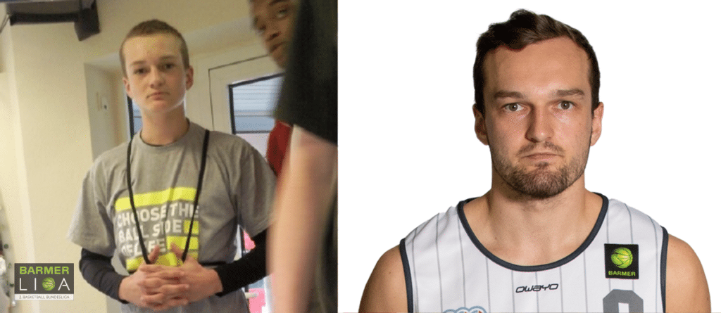 Zwei Fotos einer Person: links als junger Mann in grauem Shirt, rechts als erwachsener Mann im Basketballtrikot der RheinStars Köln.