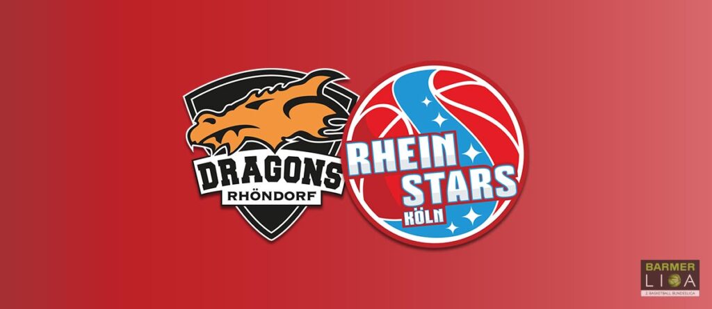 Dragons Rhöndorf Logo neben RheinStars Köln Basketball-Logo auf rotem Hintergrund.