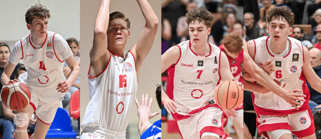 Vier Basketballspieler der RheinStars Köln in weißen und roten Trikots während eines Spiels.